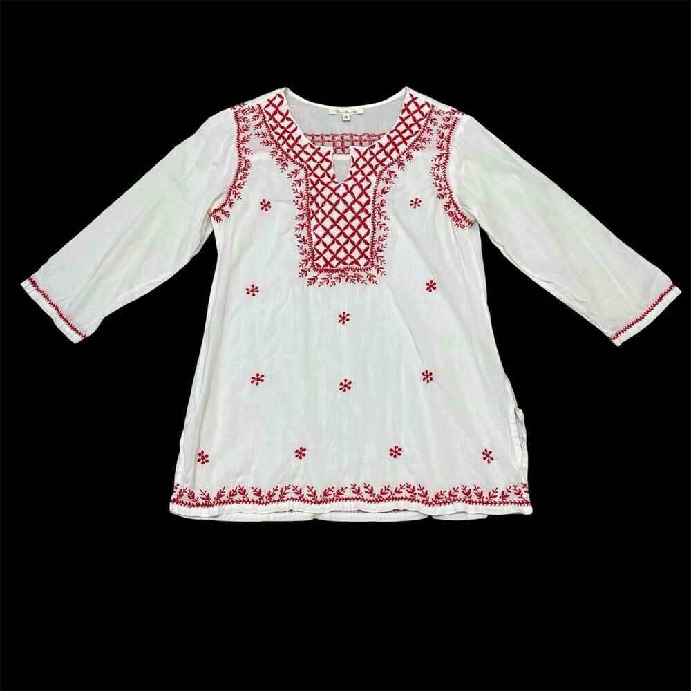 Solitaire Embroidered Tunic Top Red White Size M
